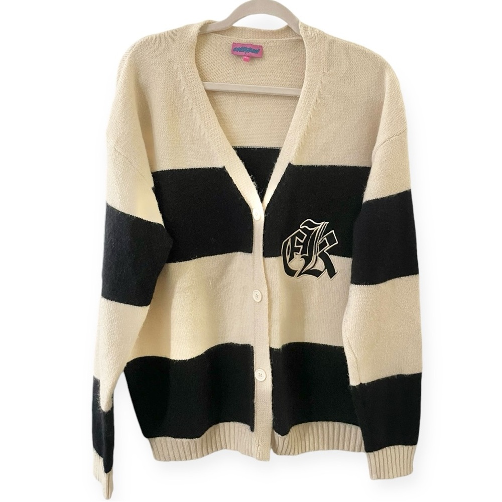 Edikted vintage button down long sleeve color block navy beige cardigan M/L 90s